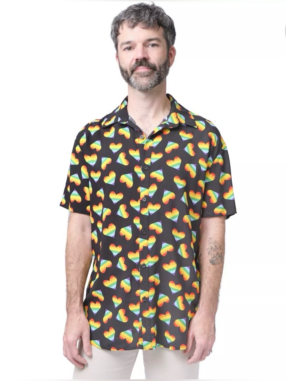 Black Short-Sleeve Shirt with Rainbow Heart Print
